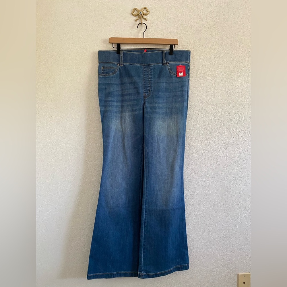 Spanx Flare Jeans Women 1X Blue Denim Vintage Indigo High Rise Stretch NEW